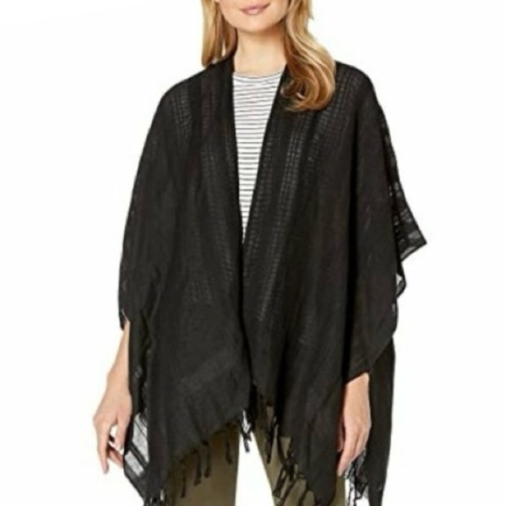 Vince Camuto Linen/Viscose Blend Near-Sheer Black Kimono Bottom Hem Fringes OSFA